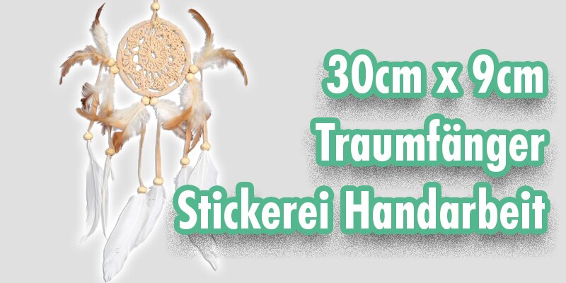30cm x 9cm Traumfänger Stickerei Original Weiß Beige Echte Federn Stoff Handarbeit