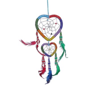 Traumfänger - Dreamcatcher - Buntes Rainbow Herz Perlen -  ca. 50cm x 11cm - 2 Ringe  Fair Trade